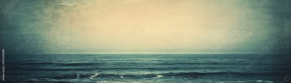 Poster a serene, textured image of a calm sea under a hazy sky, evoking tranquility and depth in muted tone