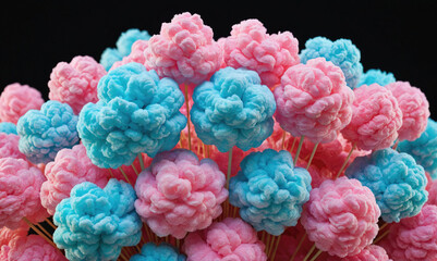 A close-up of pink and blue cotton candy on sticks, ready to be enjoyed at a carnival or fair