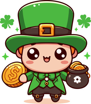 cute leprechaun holding gold coins clip art preview