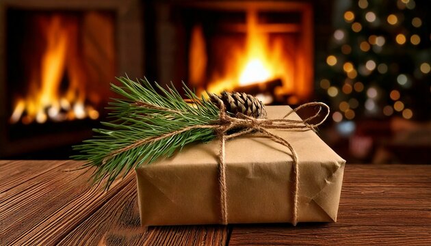 Presente R&uacute;stico de Natal com Papel Kraft e Pinha close-up
