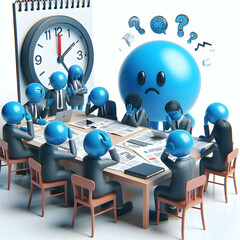 3D Stressed Team Meeting Concept Group Employees Meeting Room Signs Stress Frustration Blue Monday Challenges Magazine Advertisement Copy Space 3D Icon Isolated White Background