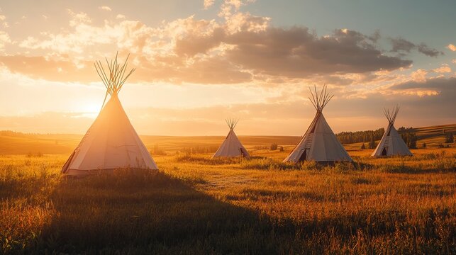 A photograph of teepees, with the sun casting warm, golden light across the scene  - Powered by Adobe