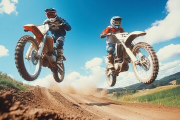 Fototapeta premium Group of motocross riders racing through a muddy track, splashing mud