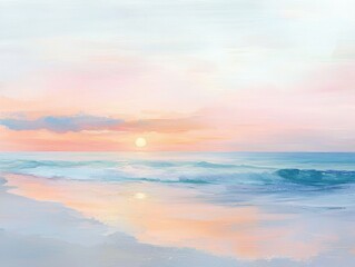 Obraz premium A serene beach scene at sunset, with soft pastel hues reflecting on calm waves and a tranquil sky.