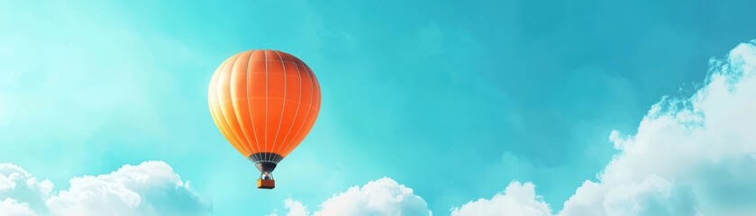 Fototapeta premium A vibrant orange hot air balloon floating peacefully against a backdrop of clear blue skies and fluffy white clouds.
