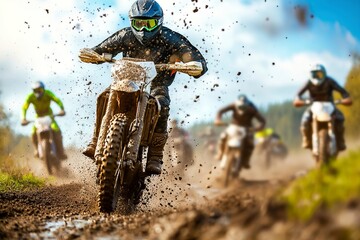 Group of motocross riders racing through a muddy track, splashing mud