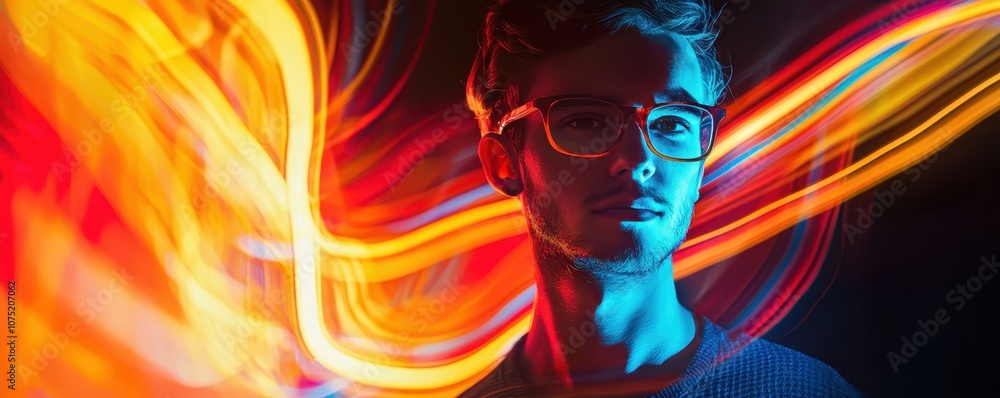 Poster a vibrant portrait of a young man with glasses, illuminated by colorful light trails in a dark setti