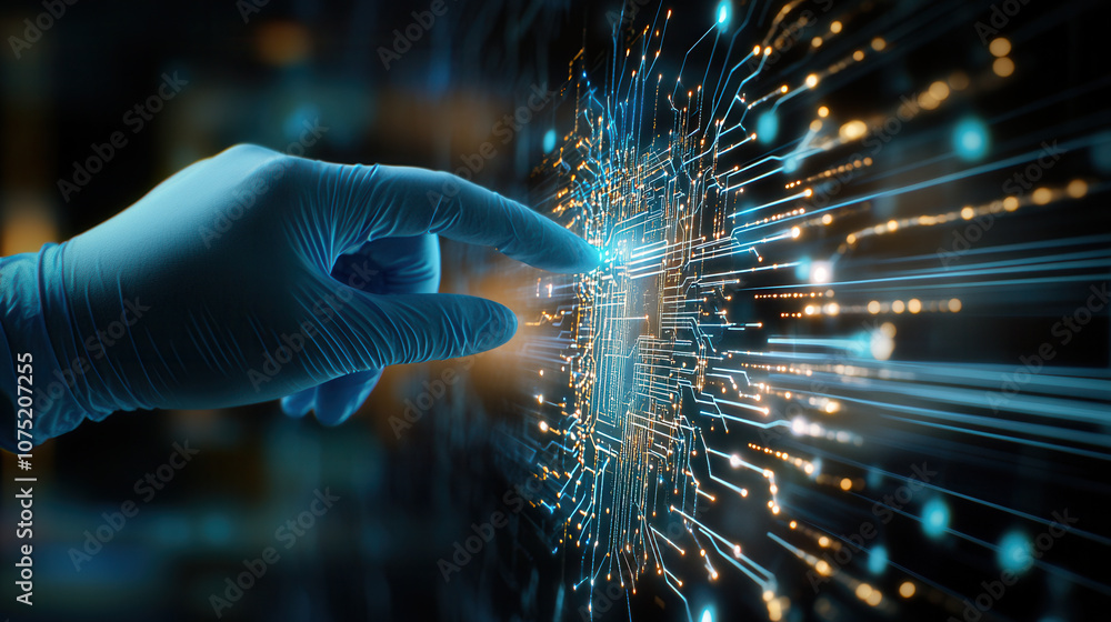 Poster hand in blue gloves interacts with digital microprocessor, showcasing technology and innovation. glo