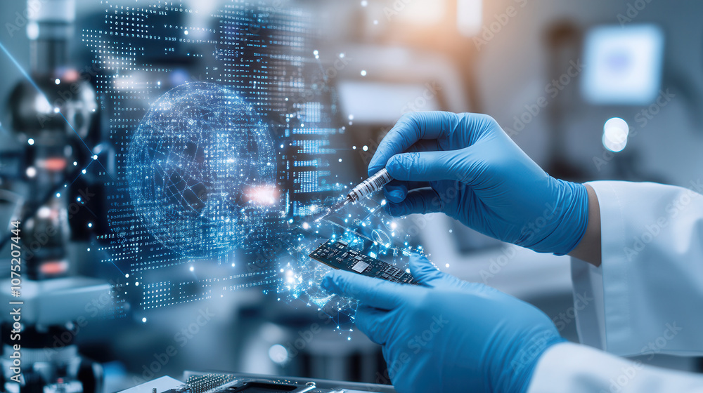 Poster hands in blue gloves examine microprocessor with digital overlay, showcasing advanced technology and