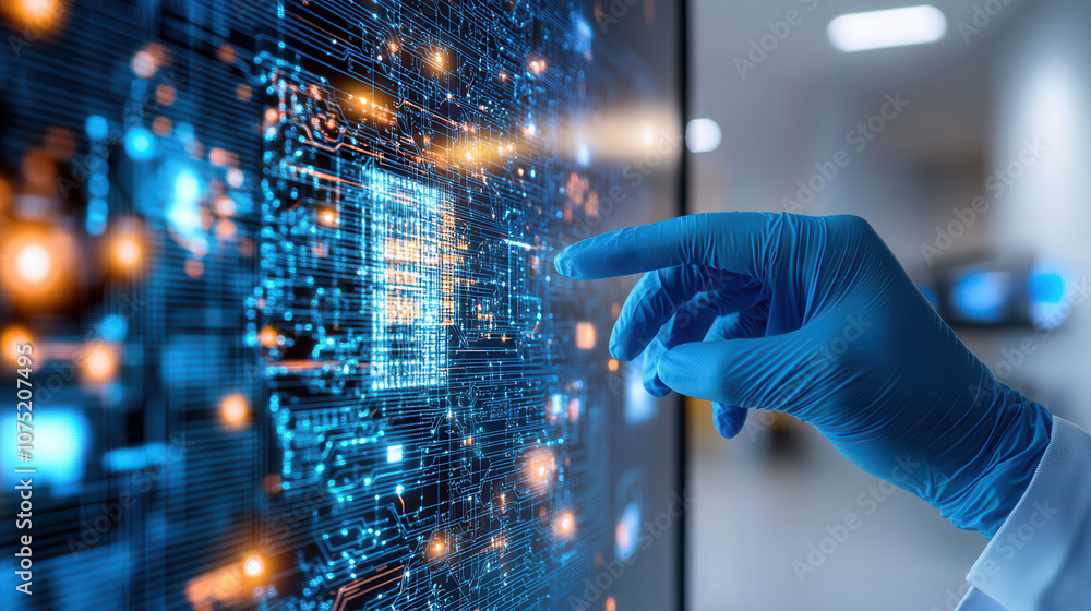Aufkleber hand in blue gloves examines microprocessor on digital screen, showcasing intricate circuitry and gl