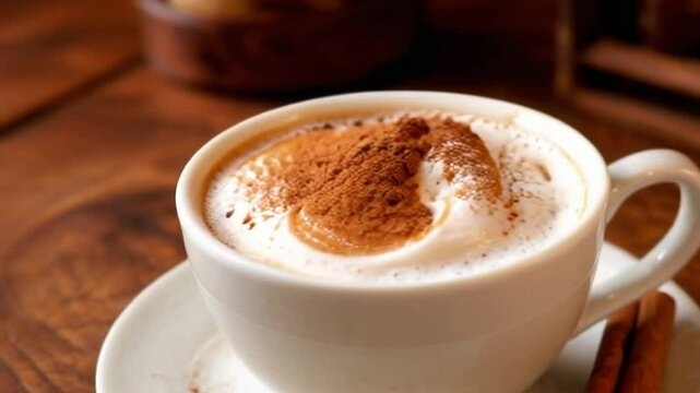 The camera focuses on the creamy texture of the breve, while the cinnamon stick adds a touch of spice, with the warm, rustic background adding to the comforting, indulgent feel.