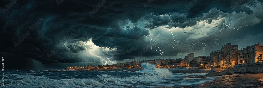 Poster dark clouds accumulate over a coastal city as stormy weather approaches, with lightning illuminating