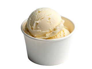 Vanilla ice cream scoop on a white blank paper cup isolated on a transparent background