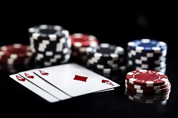 Obraz premium A vibrant poker scene with stacks of colorful chips and a winning hand of aces on a table. The image captures the thrill of high-stakes gambling and strategic card play.