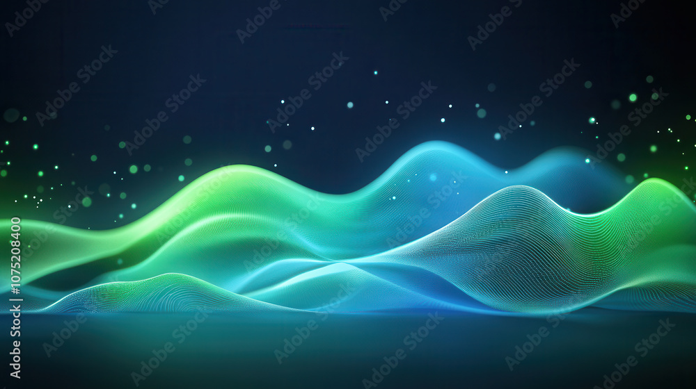 Poster modern abstract background featuring soft focus waves in green and blue hues, creating serene and dy