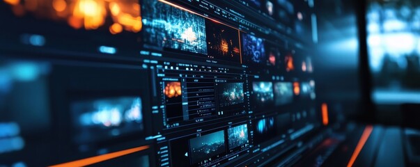 Obraz premium A futuristic interface displaying vibrant data visualizations and media content, emphasizing technology and digital interaction.