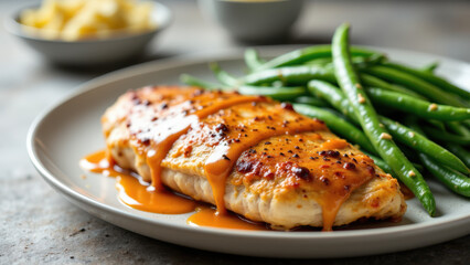 Marry me chicken with a creamy sauce, served on a plate alongside green beans, garnished with parsley flakes and red pepper.