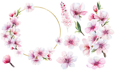 Frame and bouquet with watercolor pink cherry flowers, wedding sakura isolated illustration