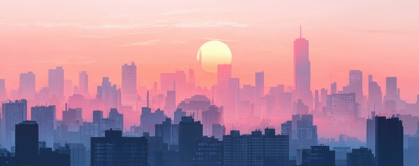 Fototapeta premium A serene city skyline at sunset, with towering skyscrapers silhouetted against a colorful sky of pink and orange hues.