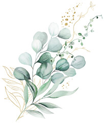 Bouquet with green and golden watercolor eucalyptus leaves, wedding illustration © katrinshine