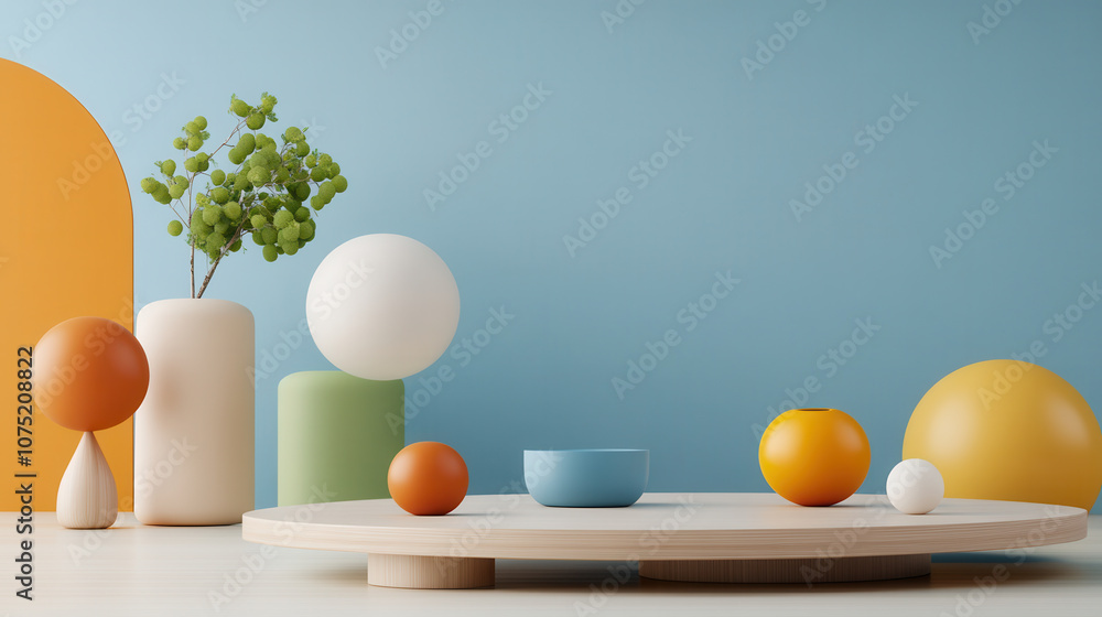 Poster modern abstract scene featuring colorful geometric shapes and plant. composition includes round tabl