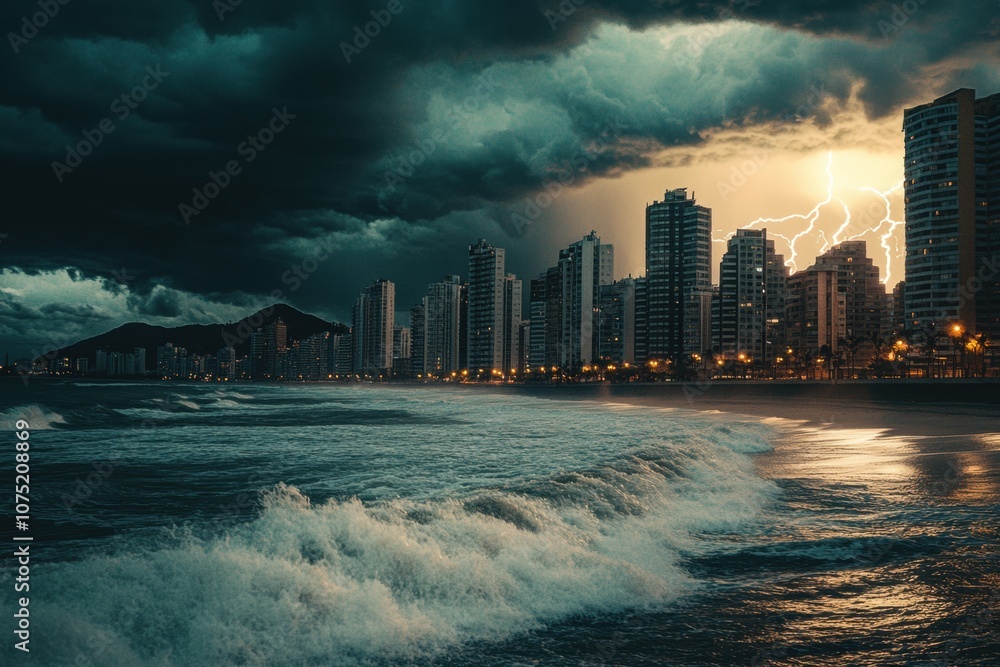 Poster dark clouds loom over a coastal city as lightning strikes, casting an eerie glow across the cityscap