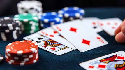 Colorful poker chips and playing cards scattered on a table, depicting a thrilling moment in a casino game. Perfect for themes of gambling, strategy, and entertainment.