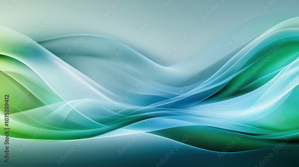 Poster abstract high tech backdrop with flowing waves in green and blue tones, creating serene and modern a