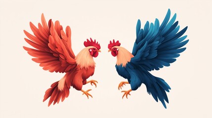 Obraz premium Two colorful roosters face off against each other with vibrant feathers in a captivating illustration featuring bright colors and detailed textures.