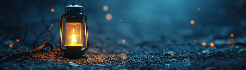 A glowing lantern illuminates a dark, misty environment, creating a serene atmosphere with soft light and scattered particles.