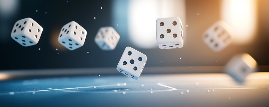 Dynamic shot of dice in mid-air with soft lighting and blurred background. Perfect for themes of chance, gaming, and probability.