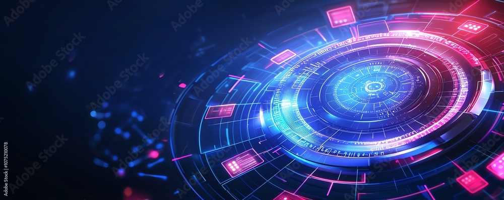 Poster futuristic digital interface with glowing circular elements in blue and pink hues, representing adva