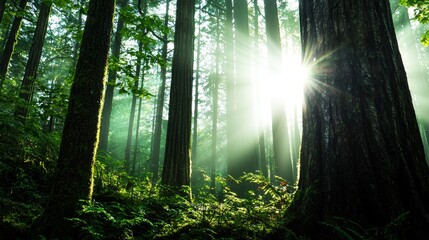Obraz premium Sunlight Through Tall Trees in a Dense Forest