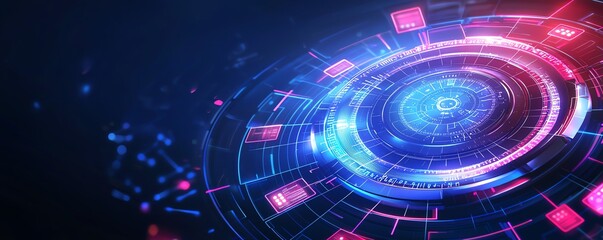 Obraz premium Futuristic digital interface with glowing circular elements in blue and pink hues, representing advanced technology and innovation in a virtual space.