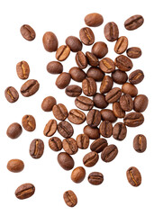 Naklejka premium A collection of roasted coffee beans scattered on a white background.