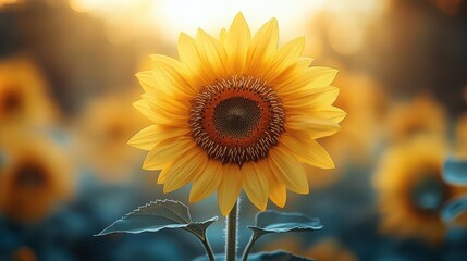 Fototapeta premium sunflower standing tall against a pristine white backdrop, capturing the intricate details of its petals and seeds, illuminated by soft, natural light to enhance the vibrant yellow hues