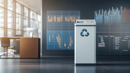 A rubbish bin in a sleek office setting, surrounded by charts and graphs representing the cost of waste