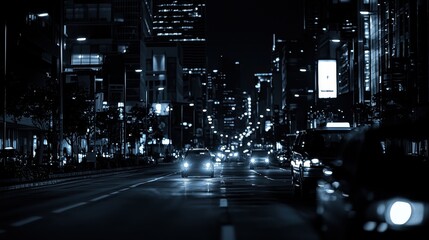 A nighttime city scene illuminated by streetlights and car headlights, showcasing modern buildings and a quiet urban atmosphere.