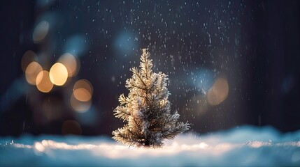 Fototapeta premium Small Christmas Tree Decorated with Bokeh Lights in a Snowy Winter Scene