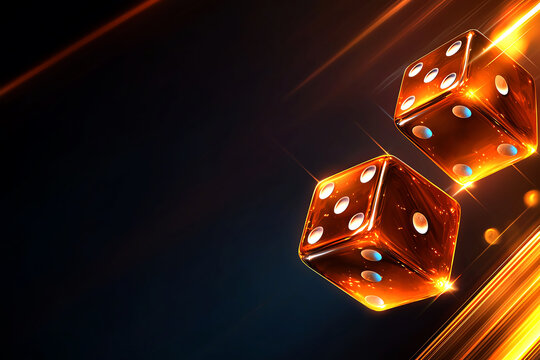 Two glowing orange dice in motion against a dark background, capturing the thrill and excitement of gaming and chance in a vibrant, energetic scene of rolling dice.