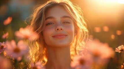 Fototapeta premium sunlight bathes a young woman in a warm glow, accentuating her serene beauty as she smiles softly, surrounded by vibrant summer blooms that add a burst of color to the tranquil scene