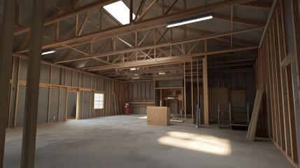 Fototapeta premium A large empty room with a red fire extinguisher on the wall