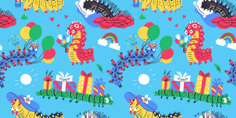 Cartoon bright vector seamless pattern with caterpillars, cute worm insect with tulips bouquet, gift boxes doodle drawn