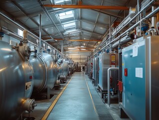 Obraz premium Interior of a large industrial facility with rows of stainless steel tanks and pipes.