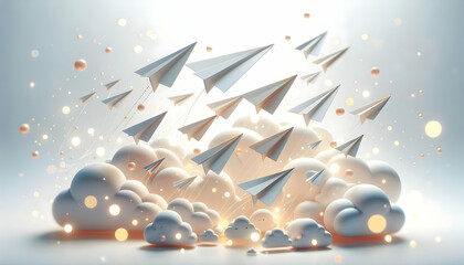 3D Bokeh Digital Art Paper Airplanes Flying Clouds Copy Space Creativity Shared Aspirations Group Bonding Activities Imagination Unity Cute Chibi Icon Isolated White Background