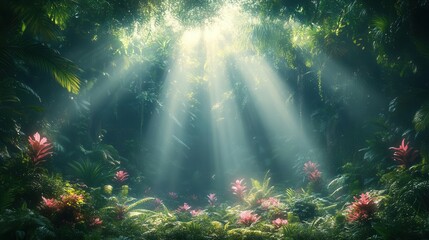 Obraz premium sunlight filtering through the dense canopy of a lush rainforest, casting ethereal beams onto vibrant tropical foliage, creating a serene and enchanting atmosphere that celebrates the beauty of nature