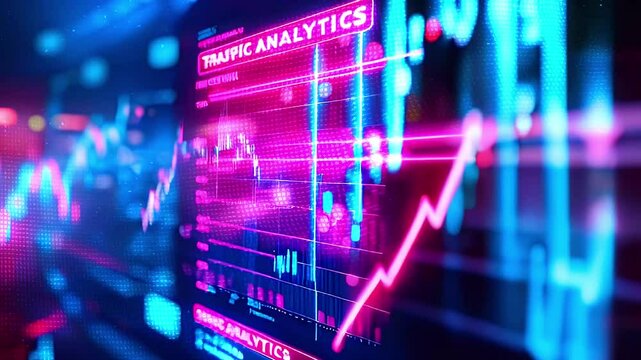 A glowing neon pink screen displaying a graph labeled "Traffic Analytics" with blue glow in the background.