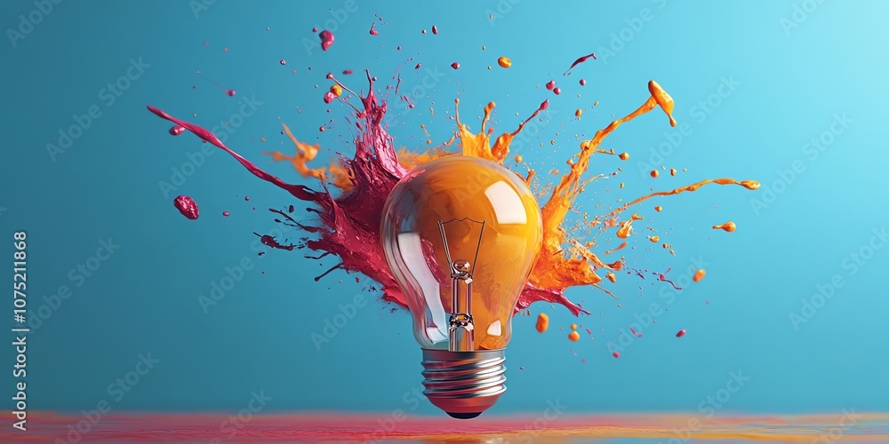 Poster light bulb exploding with colorful paint splatter, a concept for inspiration, creativity and new ide