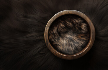 Fototapeta premium A circular wooden bowl filled with soft fur, resting on dark, textured background