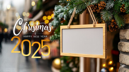 Festive Holiday Decorations with Merry Christmas and Happy New Year 2025 Sign on a Charming Winter Street Filled with Joyful Lights and Cheerful Atmosphere